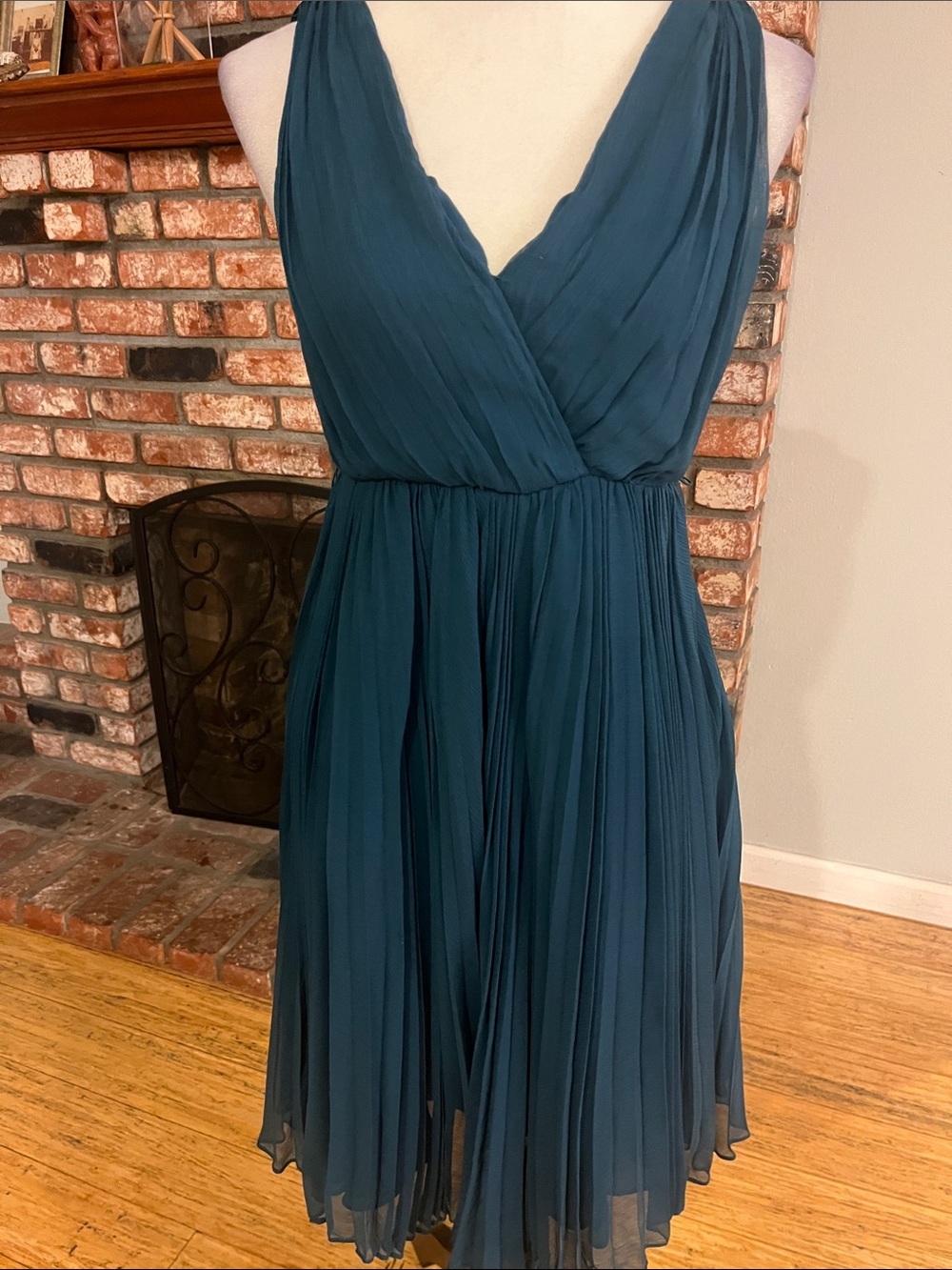 Rebecca Taylor Teal Pleated V-Neck Midi Dress